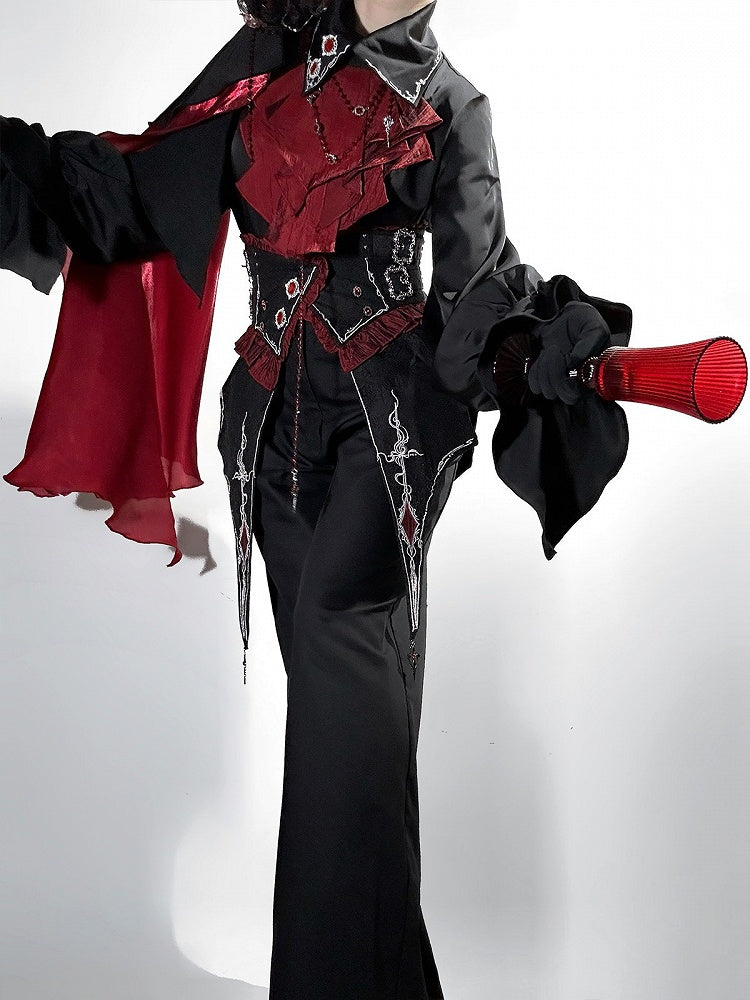 Ouji Lolita Gothic Shirt, Long Pants and Corset Set with Capelet in Black & Red - Unknown Star