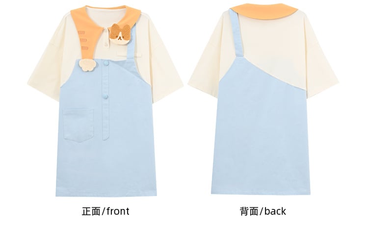 Zweiteiliges Kleid mit entzückendem Katzenkragen in Blau und Weiß mit Farbblock-Design