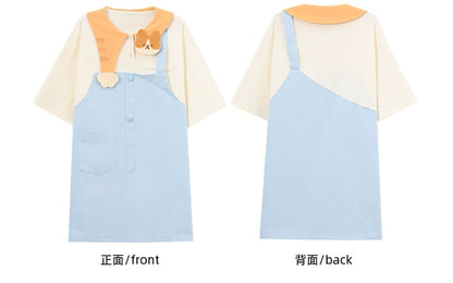 Zweiteiliges Kleid mit entzückendem Katzenkragen in Blau und Weiß mit Farbblock-Design