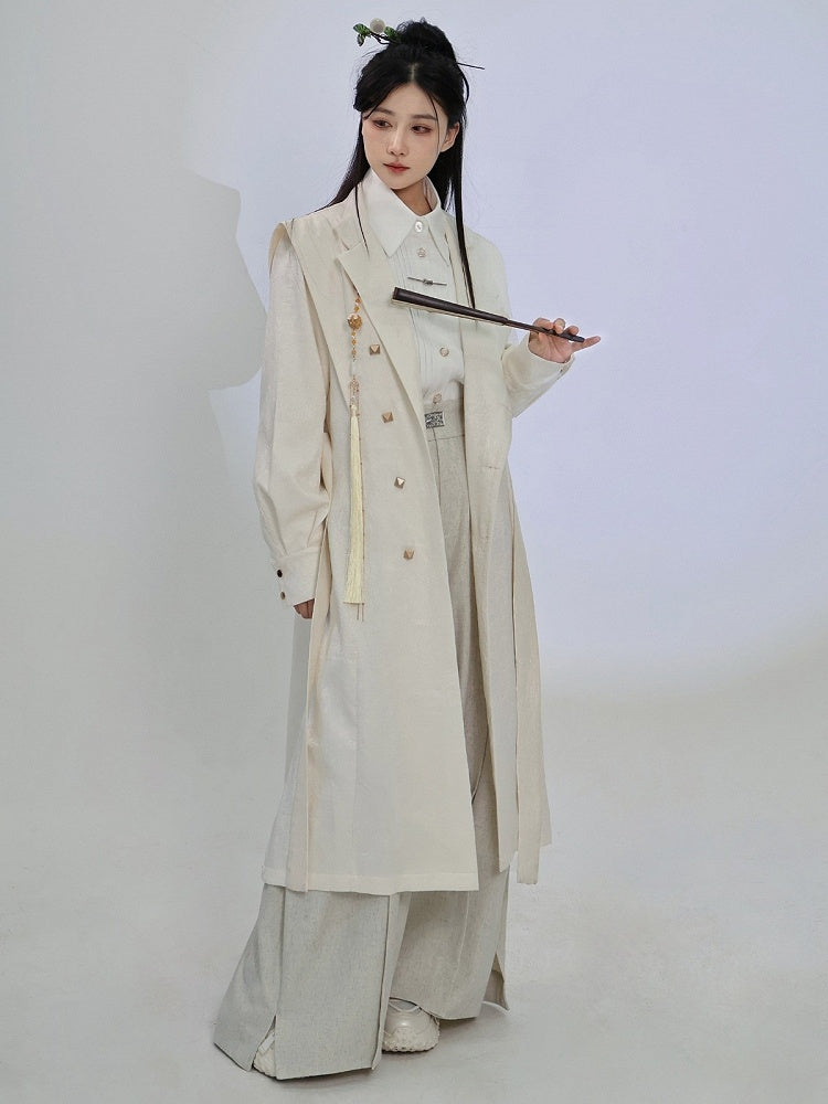 Beige Trench Coat with Dragon Embroidery, Mandarin Collar & Removable Tassel Accent - Feng Hua Gui Guo Ling