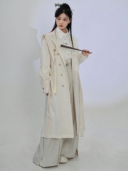 Beige Trench Coat with Dragon Embroidery, Mandarin Collar & Removable Tassel Accent - Feng Hua Gui Guo Ling