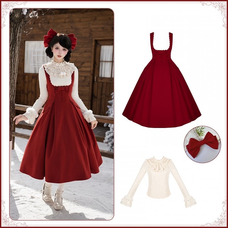 + JSK Bow New Version Red Year Long Beige Top Hairclip Bust Lolita Under Knit