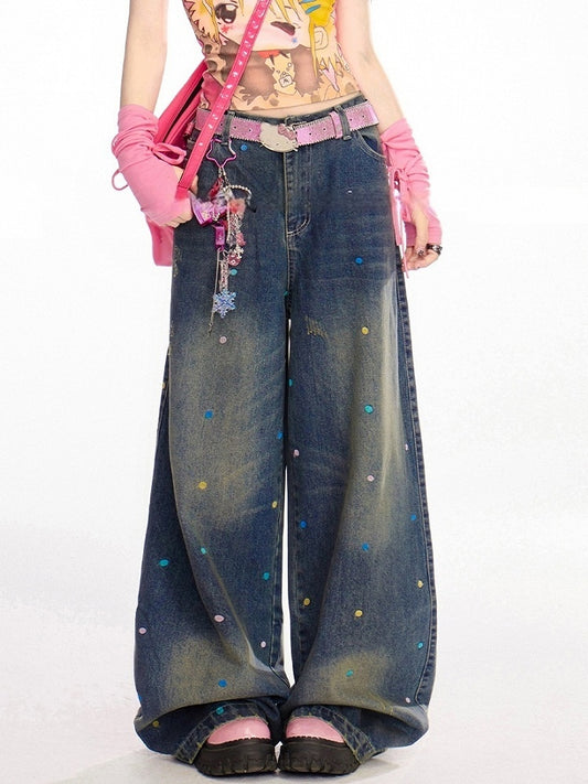 カラフルな水玉模様のダークブルーのダメージ加工ワイドレッグジーンズ