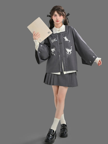 Grey Square Neck Cat Embroidery Cheongsam Style Knot Button Top