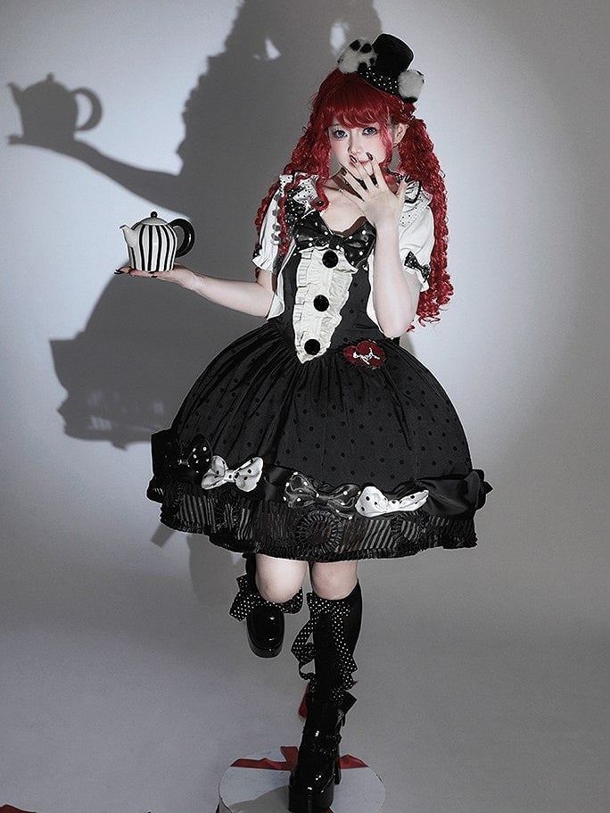 Black White Polka Dot Gothic Lolita Jumper Skirt with Bows Striped Hem - Tan Tuan