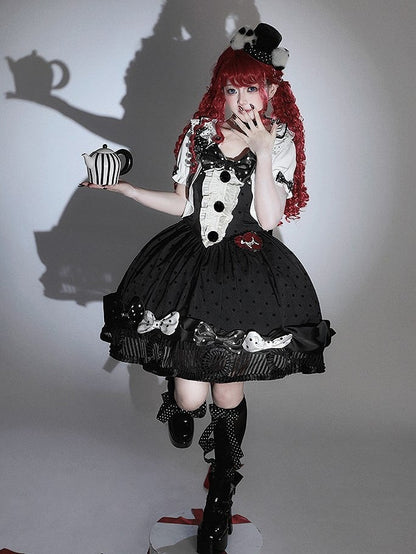 Black White Polka Dot Gothic Lolita Jumper Skirt with Bows Striped Hem - Tan Tuan