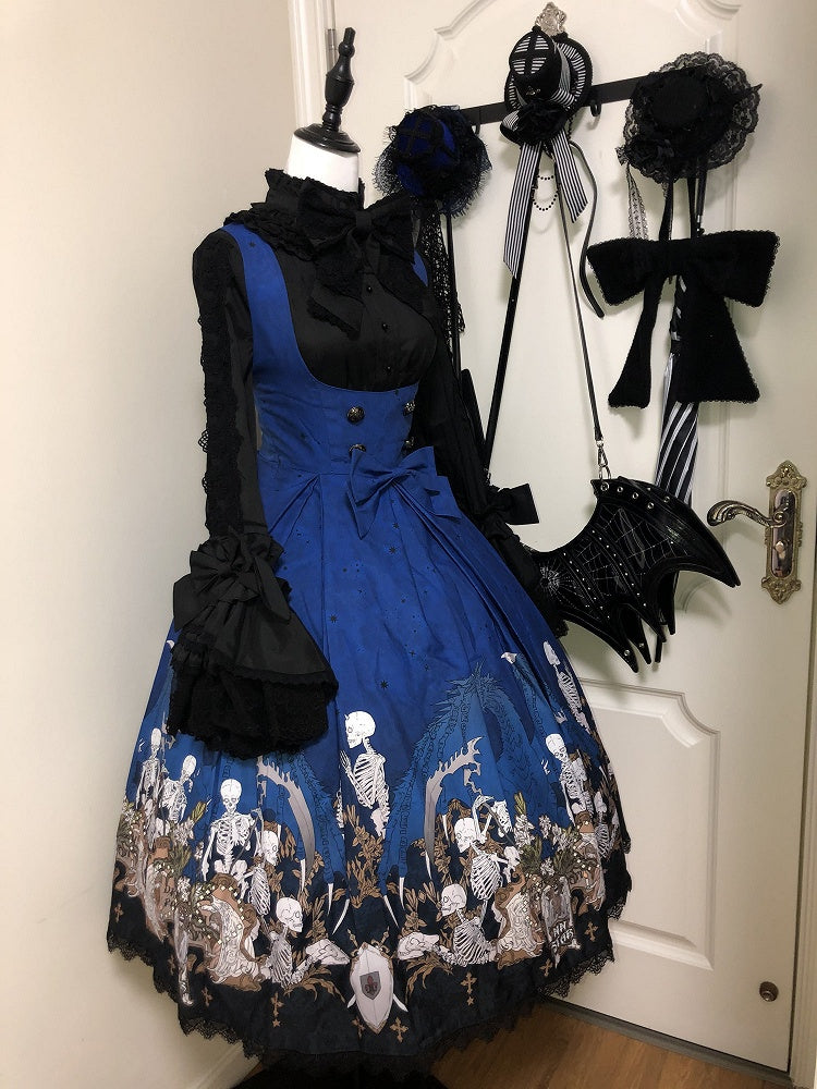 Blue Skeleton Cross Print Under Bust Gothic Lolita Dress with Black Lace Trim - NnSTAR