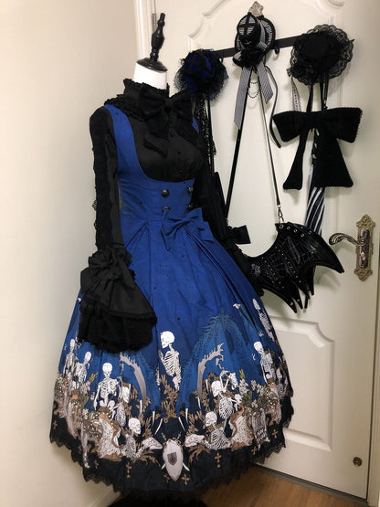 Blue Skeleton Cross Print Under Bust Gothic Lolita Dress with Black Lace Trim - NnSTAR