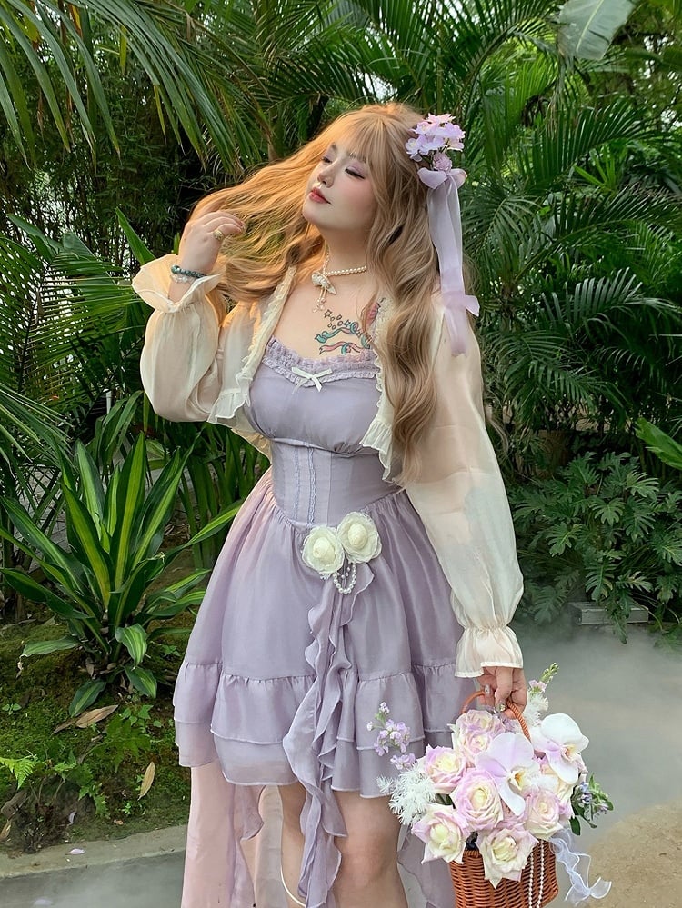 Purple Rose Themed High-Low Skirt Dress with Asymmetrical Train - Hard Candy