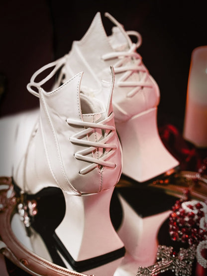 Wineglass-shaped Ties Heel White Boots Gothic Lace-up Front