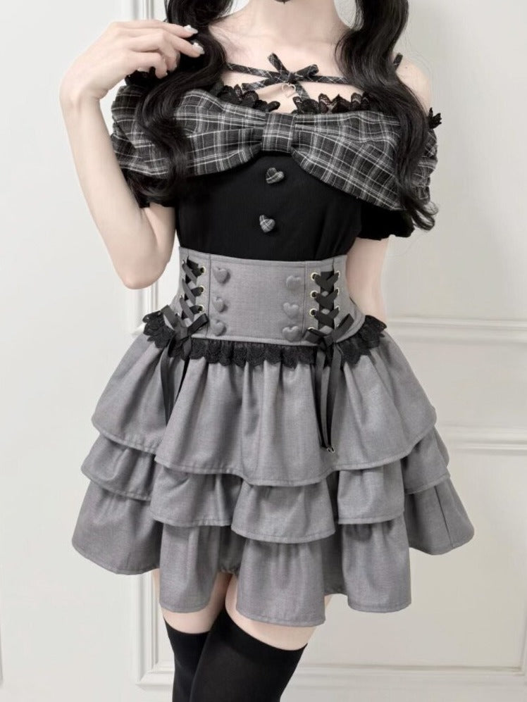 Jirai Kei Gray Three-Tiered Elevated Waist Skirt - nekura