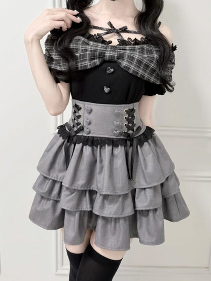Jirai Kei Gray Three-Tiered Elevated Waist Skirt - nekura