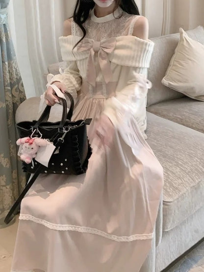 Maxi with Crossed Kei Illusion Sleeves Jirai Tie Pink Shoulder Dress Aesthetic Soft Light - Neck Open