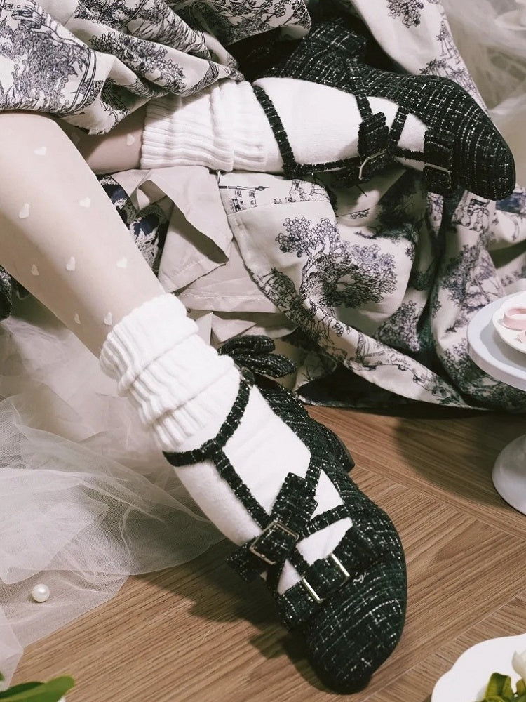 Design Lolita Black Accents Square with Bow Elegant Toe T-strap Shoes