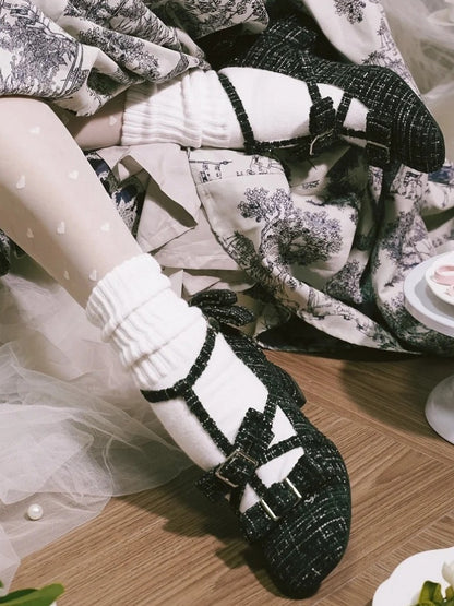 Design Lolita Black Accents Square with Bow Elegant Toe T-strap Shoes