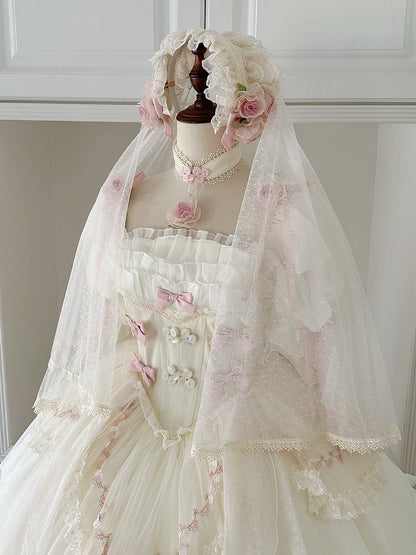 Beige Floral Fairy Basque Waist Bowknots Decoration Hanayome Lolita OP / Full Set