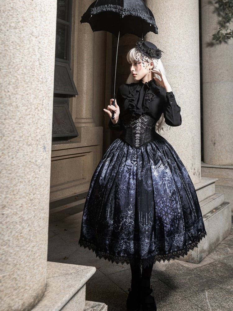 Gothic Print Skirt with Lolita and Elastic Waist Butterfly Ribs