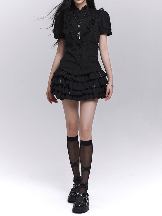 Black Lace Trim Short Sleeves Gothic Blouse