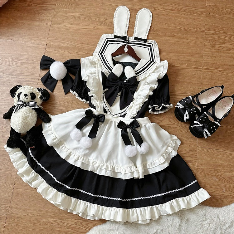 Sailor with Collar Ears Dress Apron Lolita Sleeves White Bunny Short Black Maid