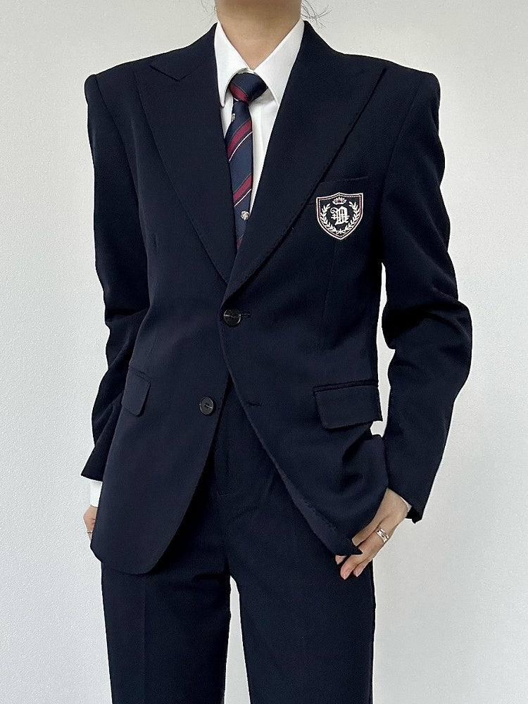 Pocket Chest Lolita Unisex Vintage with Blue Dark Blazer Slim-fitting Ouji