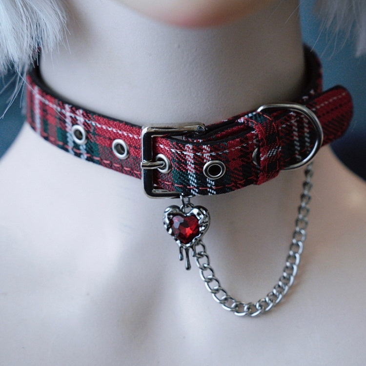 Rhinestone RedGreen Pendant Choker Chain Gothic Heart Plaid And