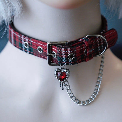 Rhinestone RedGreen Pendant Choker Chain Gothic Heart Plaid And