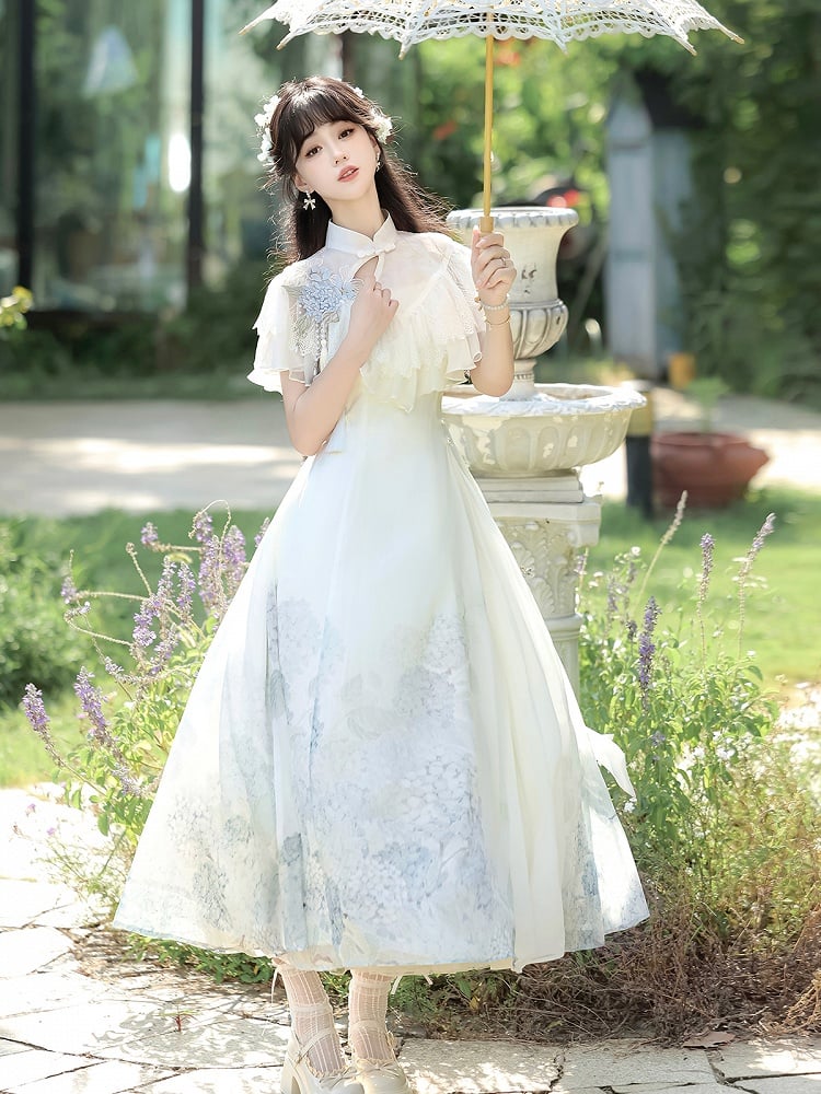 Lace Lolita White with Dress Shawl Classic Hydrangea Print Elegant