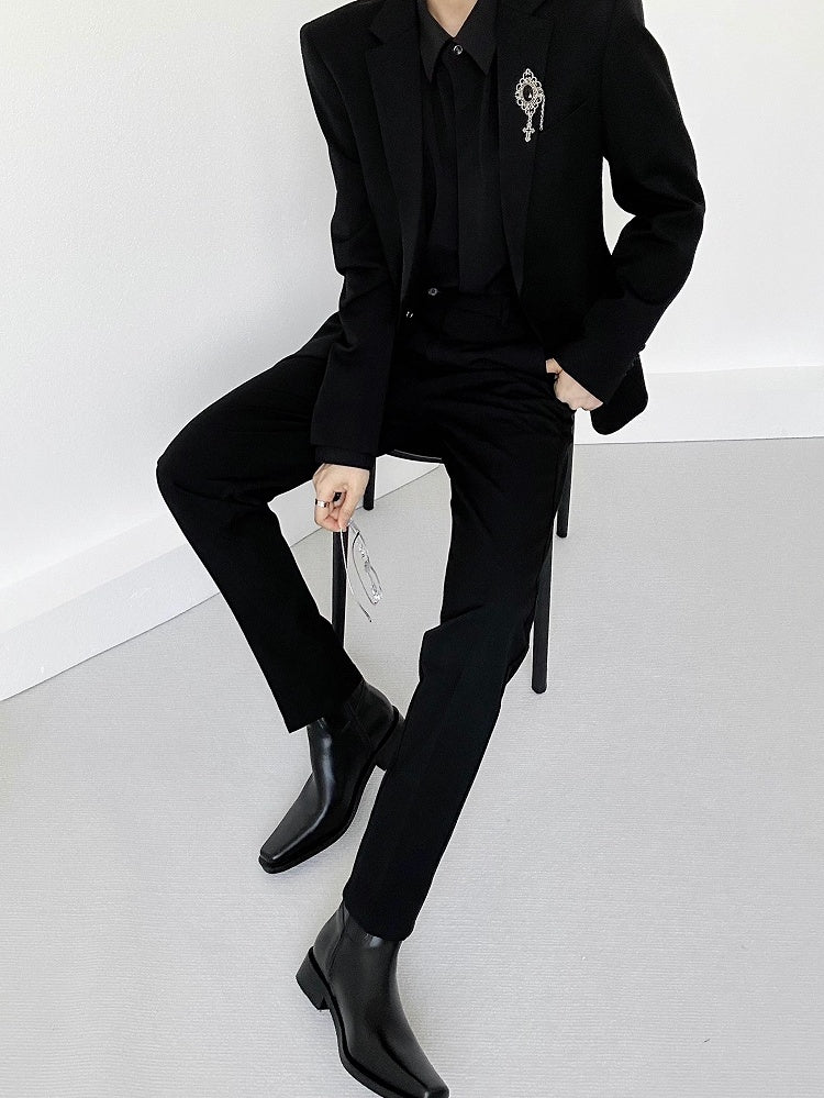 Tailored Black Pants Slant Lolita Pockets with Ouji Belt Straight-Leg Loops