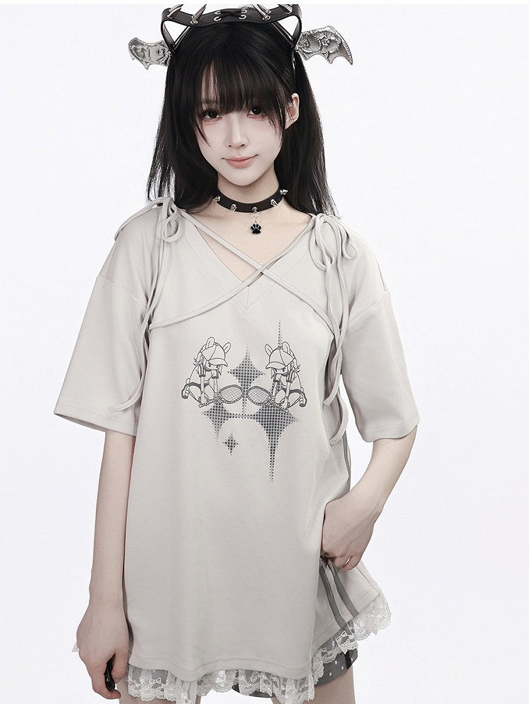 Summer Light Gray Cartoon Print V-Neck Top with Ties and Lace - PINK SAVIOR