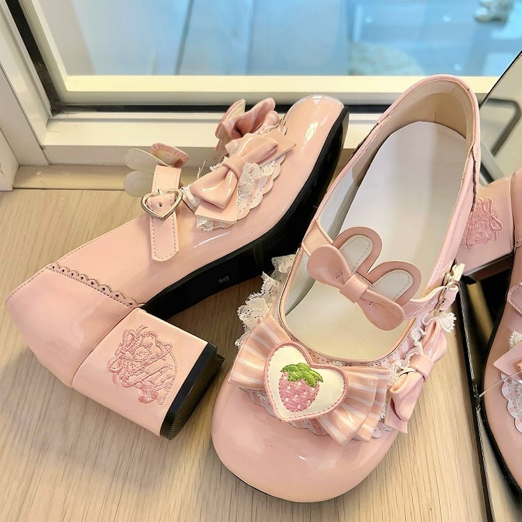 Lolita Appliques Shoes Mary Pink Bunny-Themed Jane Heart-shaped Sweet with