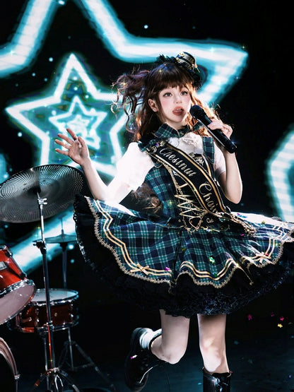 Green Idol Lolita Plaid JSK Dress with Golden Bear Embroidery and Black Scalloped Hem - LiLi Chain