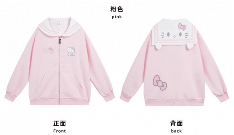 ピンク/ライトブルー/グレー/ブラック キティプリント セーラーカラー ジップ開閉 厚手スウェットシャツ