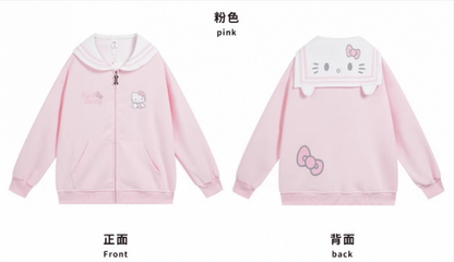 ピンク/ライトブルー/グレー/ブラック キティプリント セーラーカラー ジップ開閉 厚手スウェットシャツ