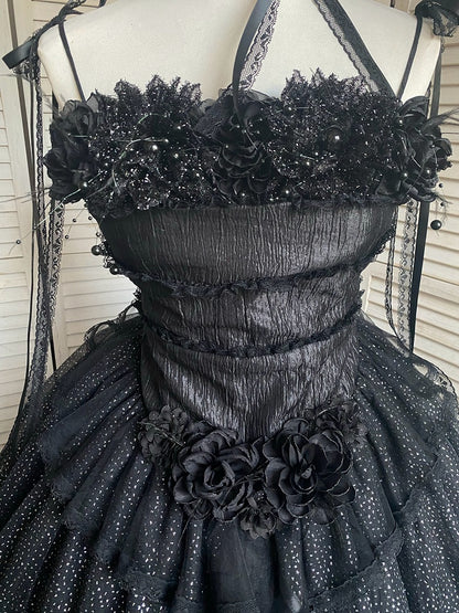 Spaghetti Elegantes JSK-Kleid Lolita Schwarze Träger Vollschichtiges Kuro-Set Schimmernd