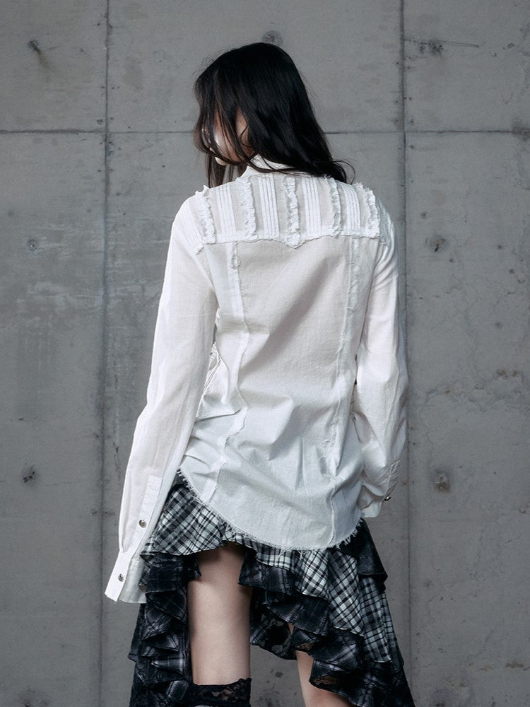 Pleats White Wasteland Blouse Punk Pintuck Distressed with V-Neck