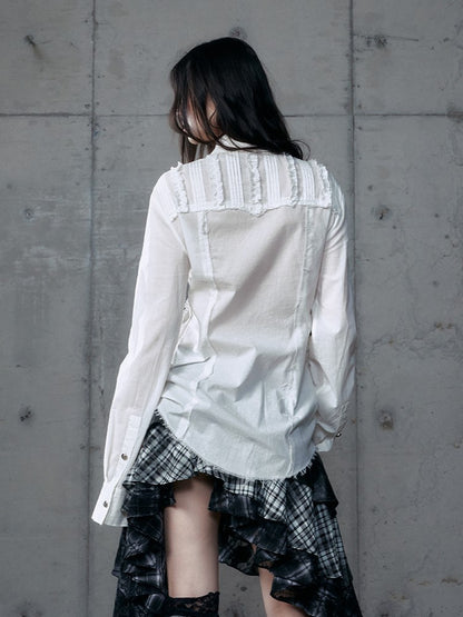 Pleats White Wasteland Blouse Punk Pintuck Distressed with V-Neck