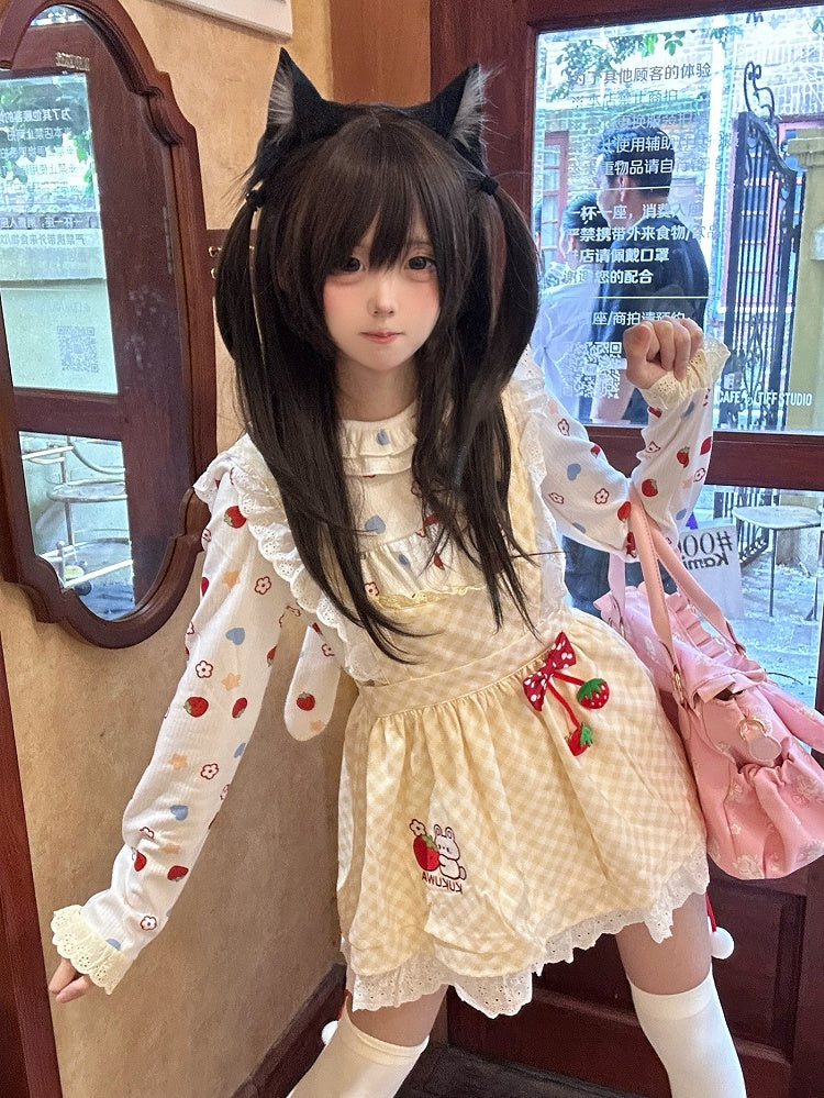 Flutter Dot Plaid Charm Bow Yellow Polka Trim Apron - Lace Strawberry Sleeve