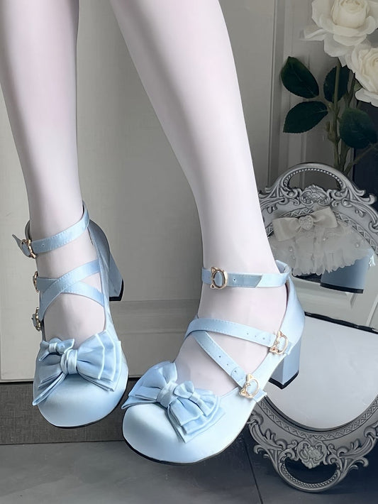 Sky Blue Elegant Mid-heel Mary Janes for Lolita with Bow Details, Cat-shaped Closure & Crisscross Design