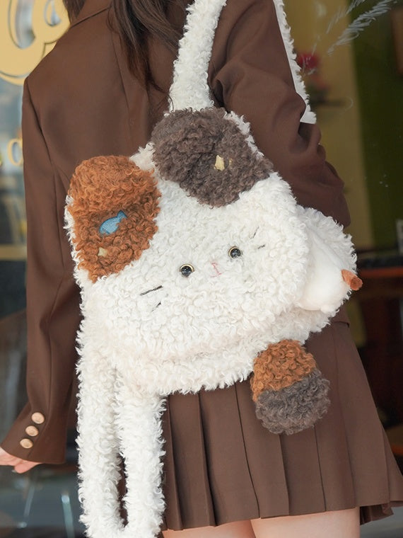 白いかわいい猫の形をしたぬいぐるみフラップバックパックバッグ