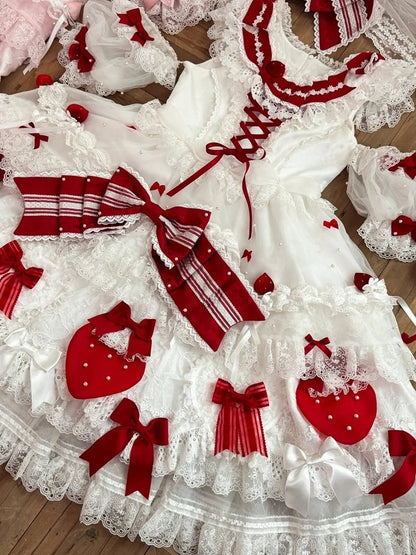 Red and Accents Lace Ruffles with Dress Lolita White Sweet Bow Layered