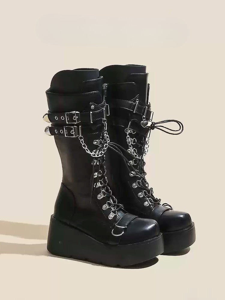 Studded with Boots Back Zip Gothic Mid-Calf Black Platform Buckle Strap Closure Sole -