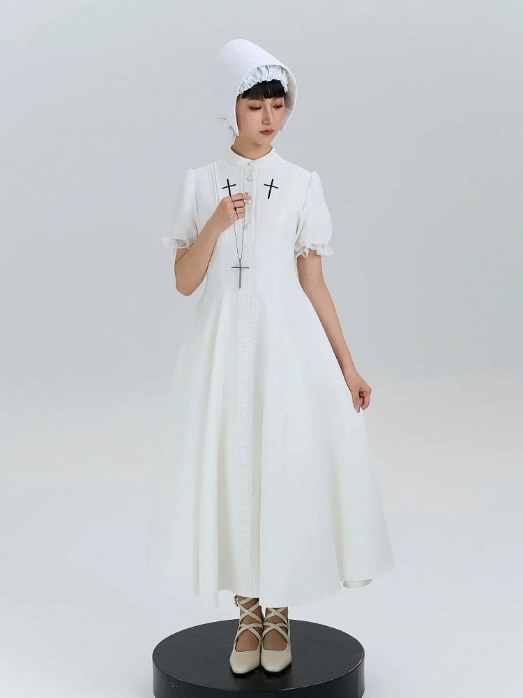 Cross Nun Lolita Trimmed White Short Sleeves Lace Embroidery with Dress