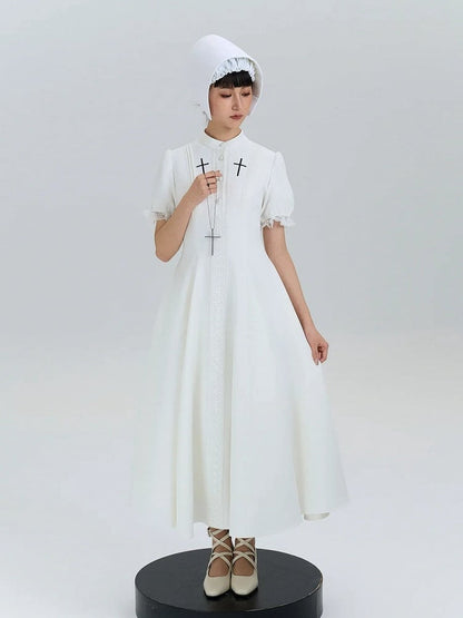 Cross Nun Lolita Trimmed White Short Sleeves Lace Embroidery with Dress