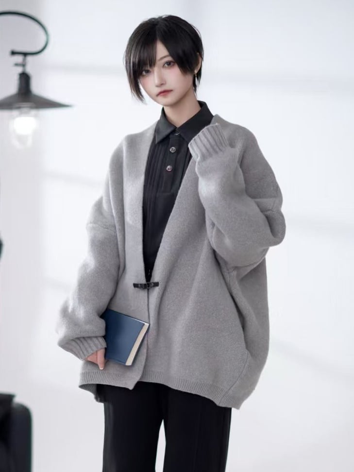 Gray Knit Buckle Cardigan with Unisex Closure Ouji