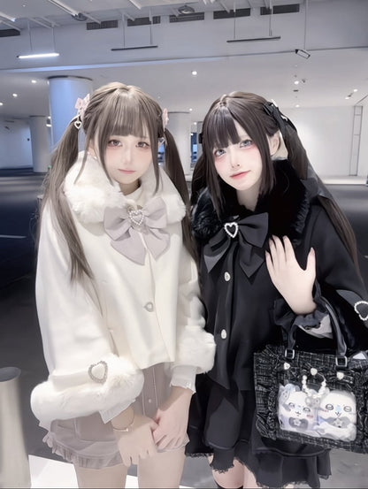 Buttons Rhinestone in Jirai Short with Coat Kei Accents Beige/Black Convertible Plush Fleece-Lined Detachable Heart