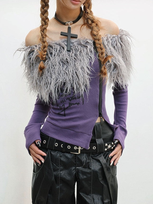 Haut à épaules dénudées - Détail violet encolure style punk brut