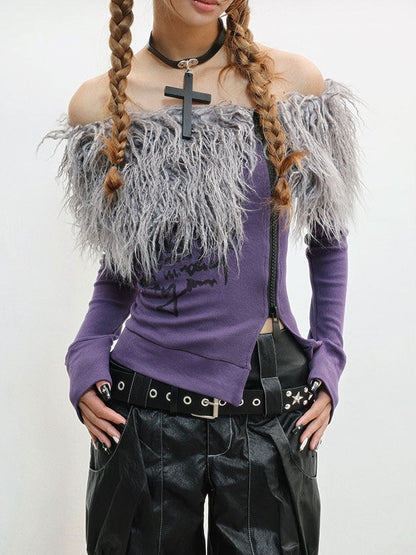 Haut à épaules dénudées - Détail violet encolure style punk brut