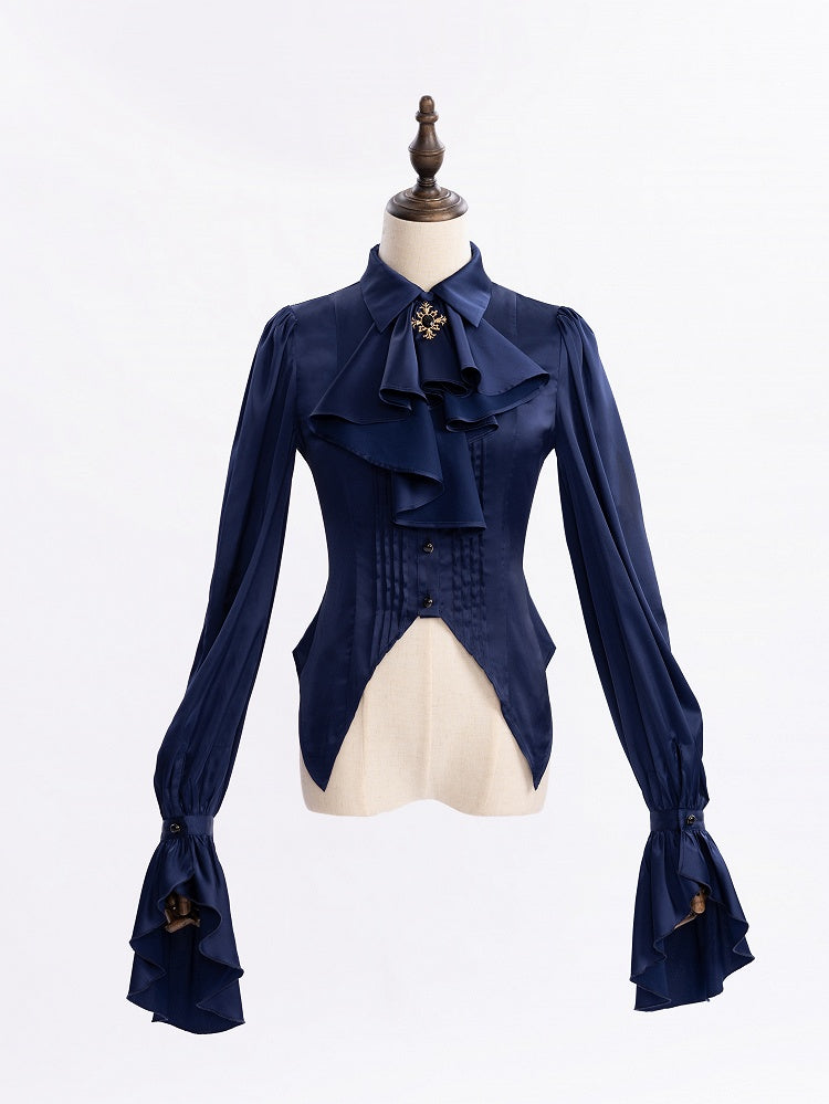 Royal Blue Pleated Bodice Shirt with Foldover Collar and Ruffle Cuffs - DevilInspired Exclusive Collection