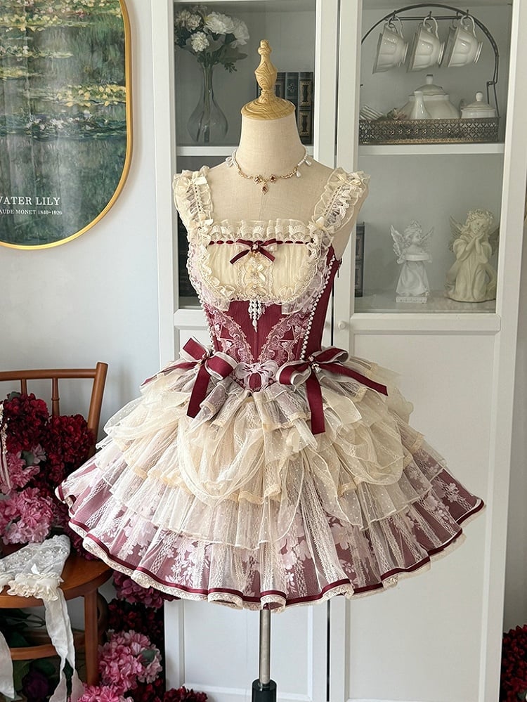 Lolita Red Skirt Print Princess + Boned Floral Corset Wine Balletcore Top