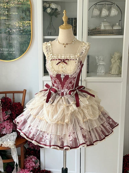 Lolita Red Skirt Print Princess + Boned Floral Corset Wine Balletcore Top